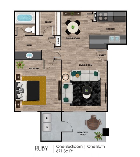 Floor plan for 1 bed, 1 bath, 671 sqft